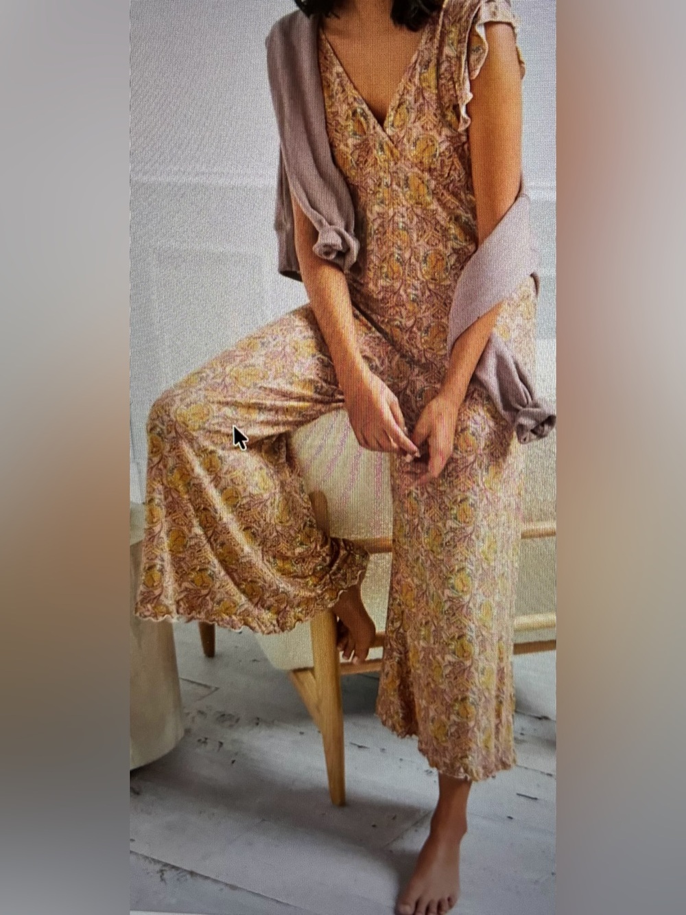 Anthropologie Rust Brown Floral Ruffle-Sleeve V-Neck Wide-Leg Jumpsuit